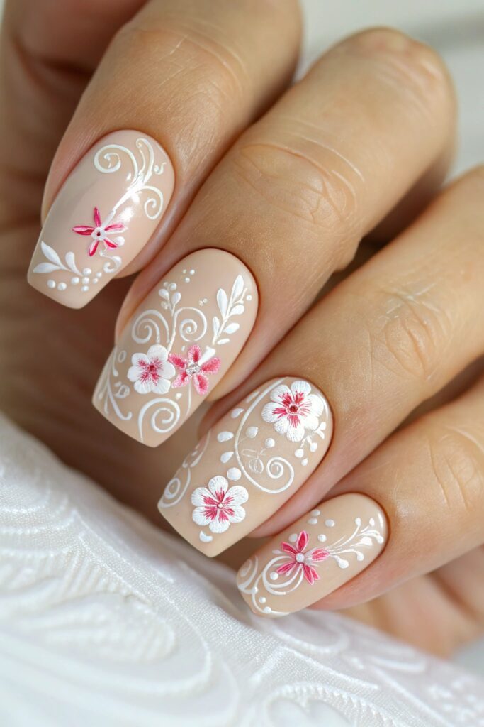 Beige Nails with Floral Patterns