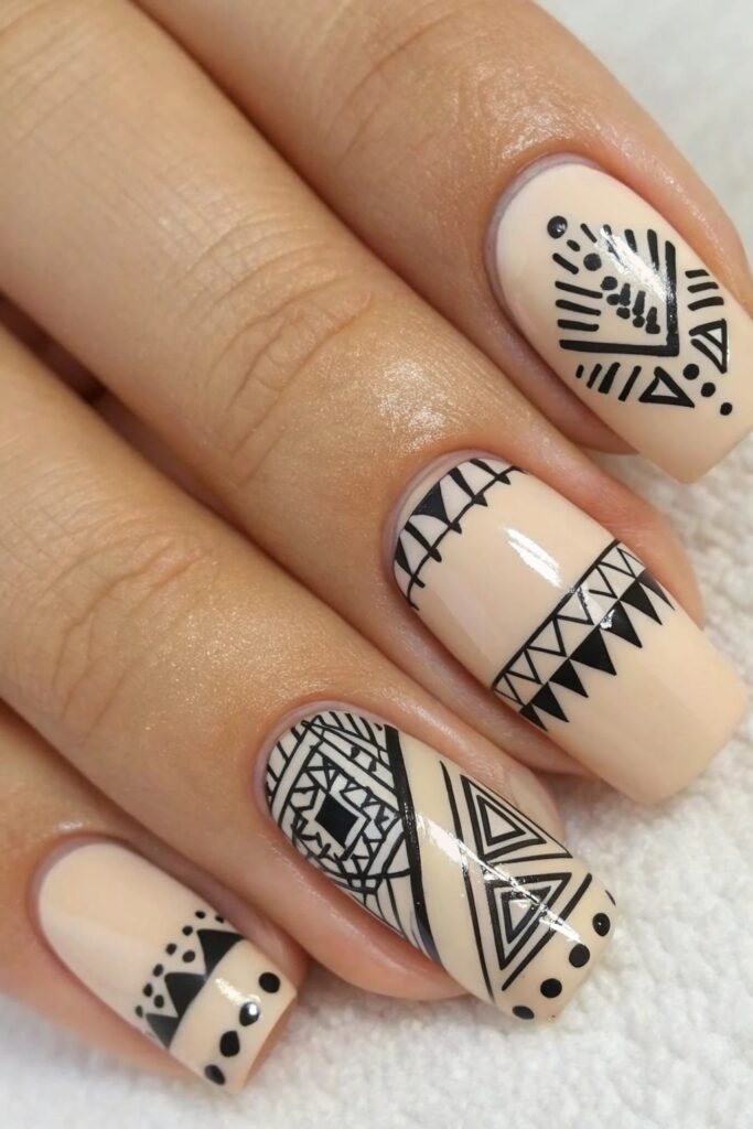 Beige Nails with Geometric Designs