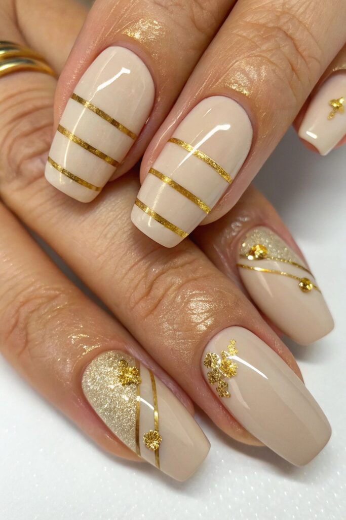 Beige Nails with Gold Accents