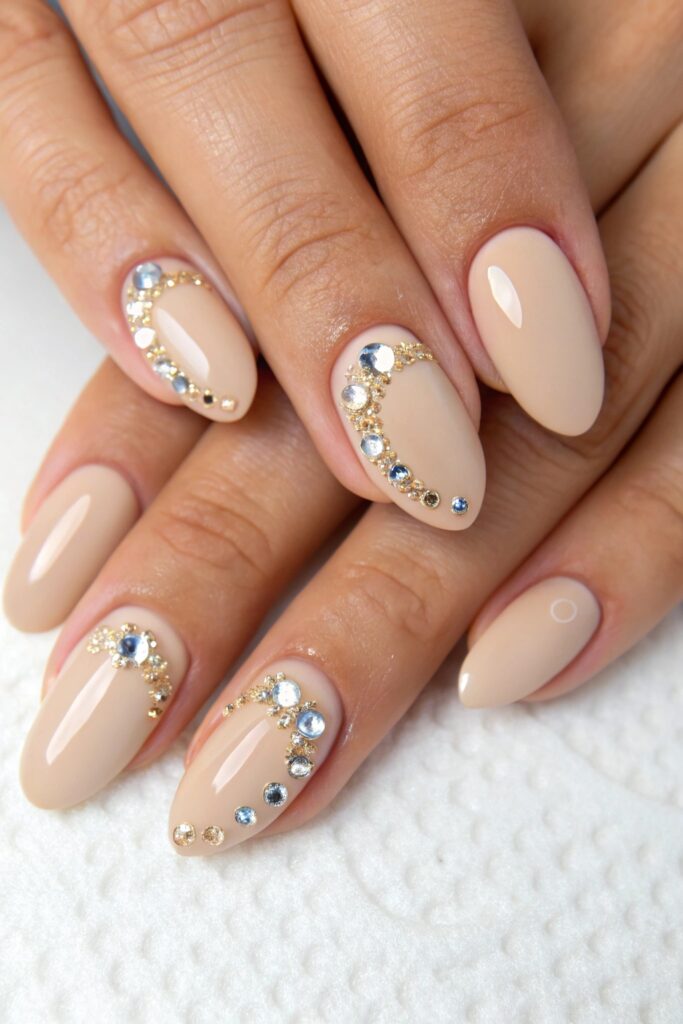 Beige Nails with Rhinestones