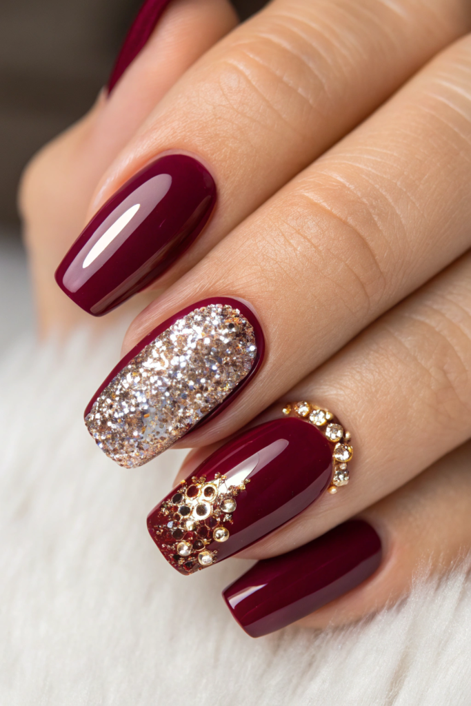 Burgundy Nail Art with Glitter