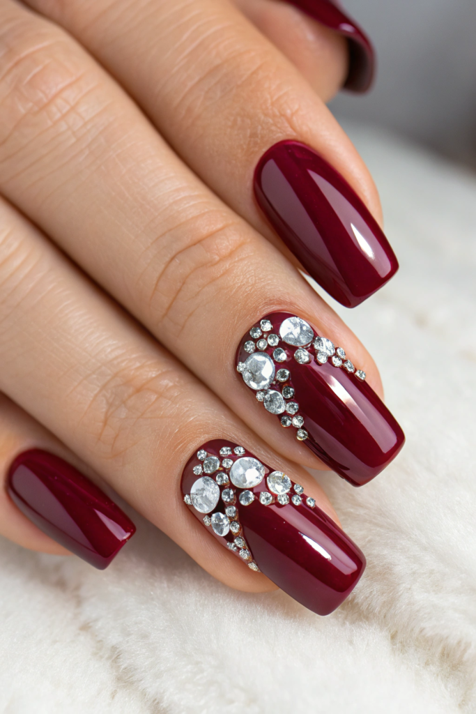 Burgundy Nail Designs with Rhinestones