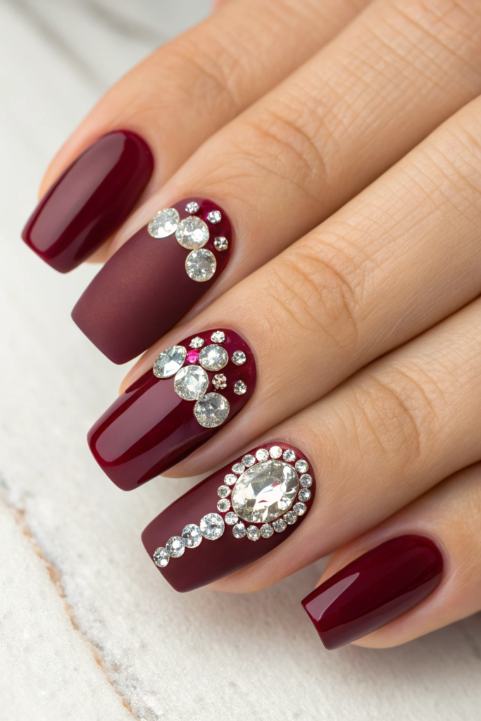 Burgundy Nail Designs with Swarovski Crystals