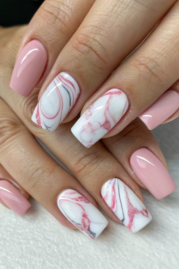 French Nails with Marble Effect