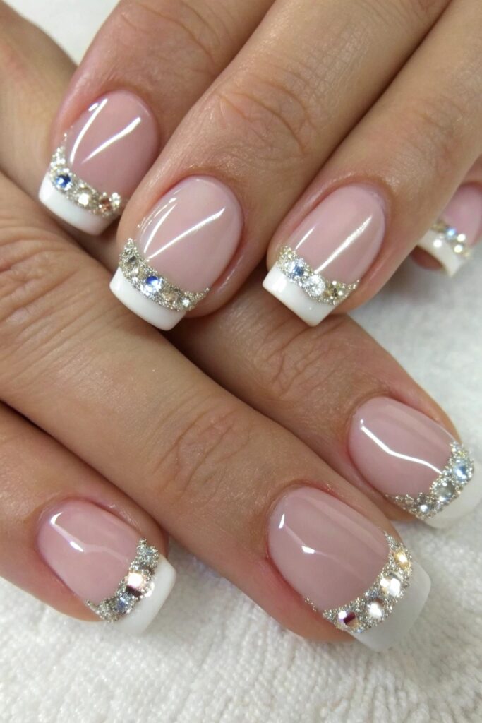 French Nails with Rhinestones