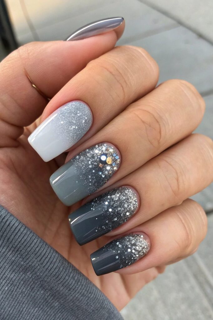 Glittery Grey Ombre Nails