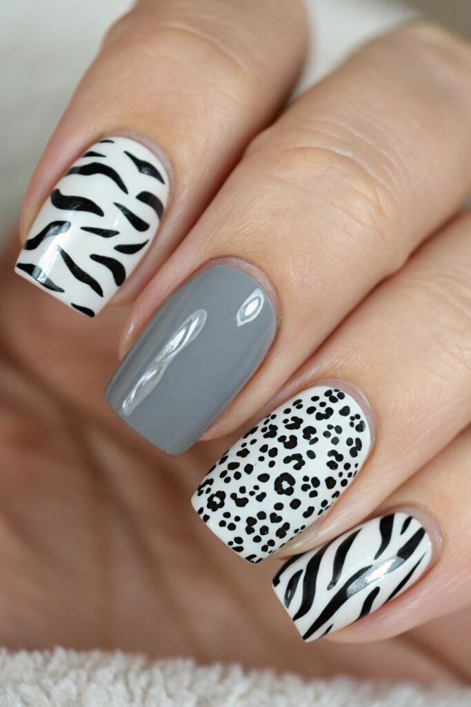 Grey Animal Print Nails