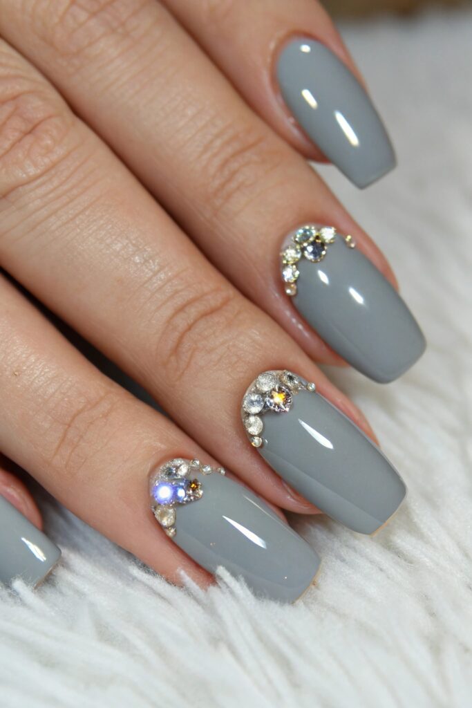 Grey Glossy Nails with Rhinestones