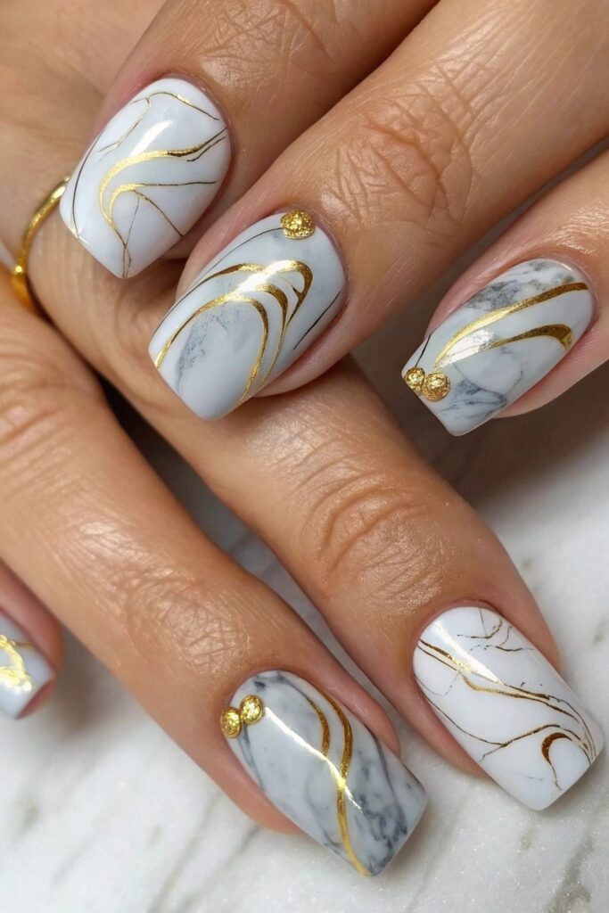 Grey Marble Nails with Gold Accents
