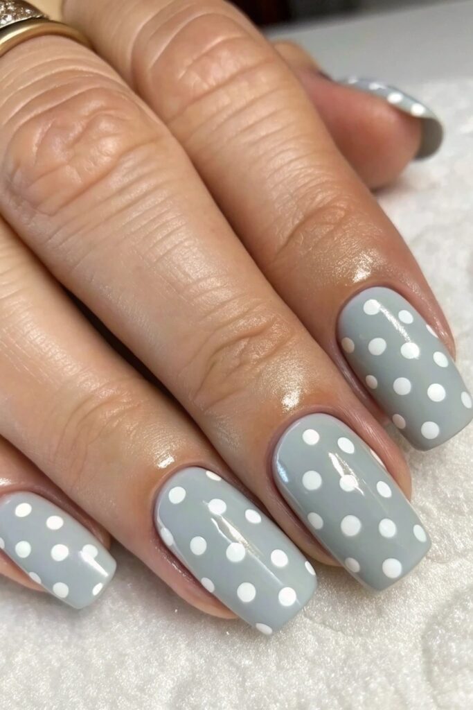 Grey and White Polka Dot Nails